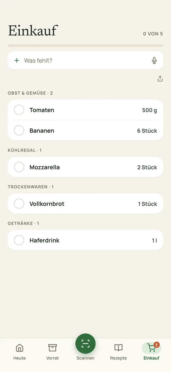 Einkaufsliste nach Bereichen sortiert: Obst und Gemüse, Kühlregal, Trockenwaren, Getränke