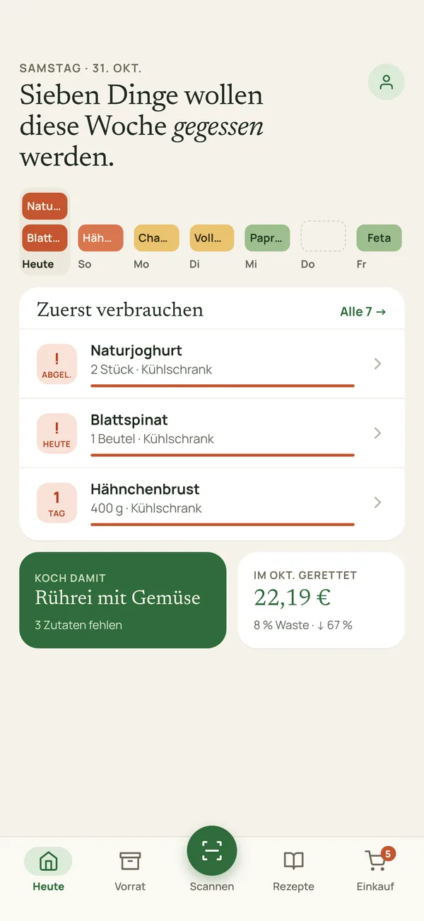 Startbildschirm der App: Sieben Dinge wollen diese Woche gegessen werden, mit Wochenstreifen und der Liste Zuerst verbrauchen