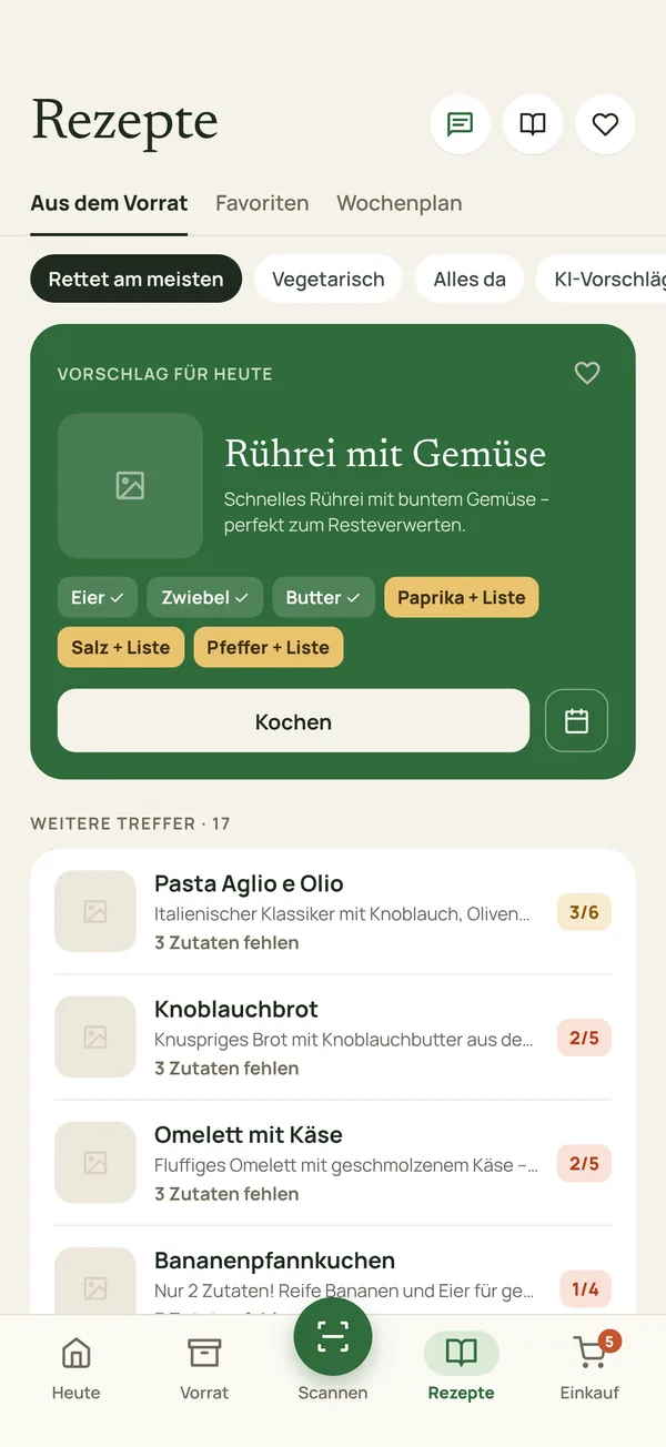 Rezepte aus dem Vorrat: Vorschlag Rührei mit Gemüse, Eier, Zwiebel und Butter sind da, Paprika kommt auf die Liste